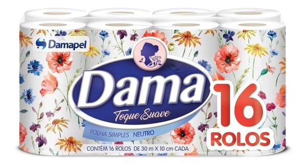 PAPEL HIGIENICO DAMA FOLHA SIMPLES 16 ROLOS 30MTS