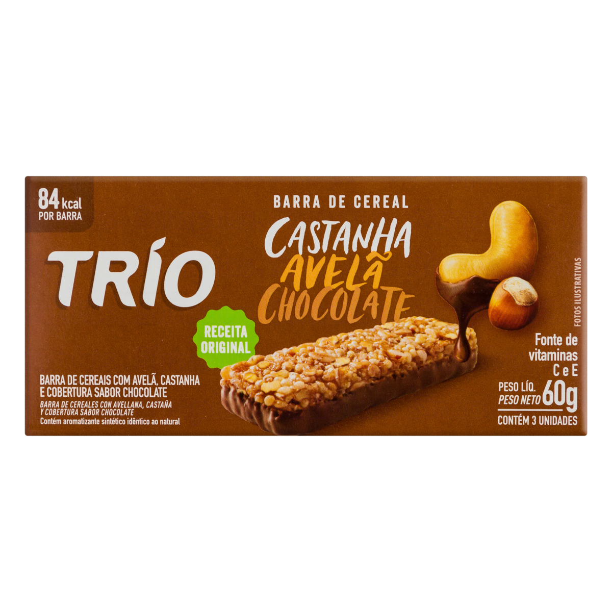 BARRA CEREAL TRIO  60g AVELA/CASTANHA/CHOCOLATE