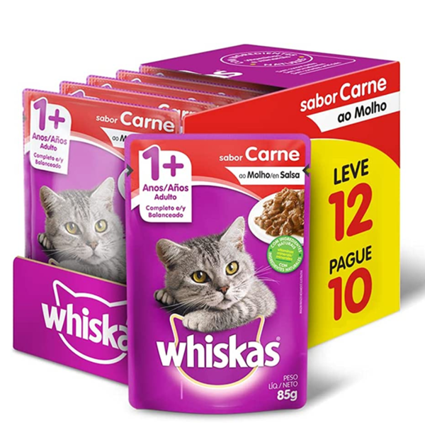 RACAO WHISKAS SACHE ADULTO CARNE 85G L12P10