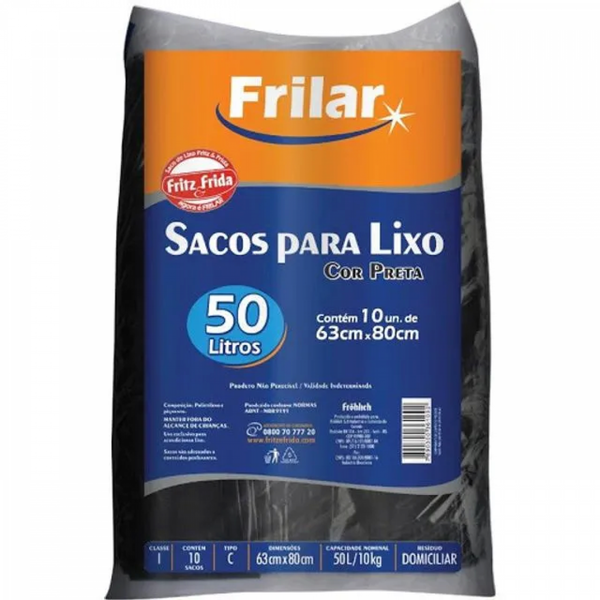 SACO LIXO FRILAR ROLO PRETO 50L C/10UN