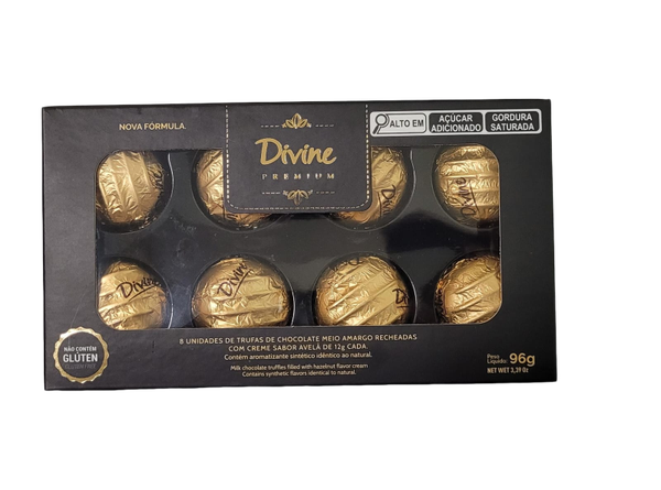 DIVINE TRUFAS CHOCO MEIO AMARGO 50% CACAU C/RECH AVELA 96G 