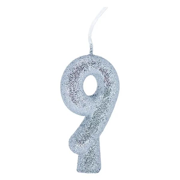 VELA PARABENS GLITTER PRATA NUMERO 9