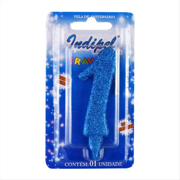 Vela Aniversário Superfesta C/Glitter Azul  Número 1 