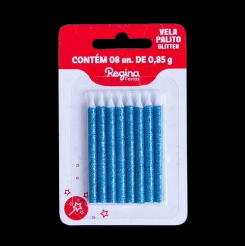 Vela Regina Palito Glitter Azul C/8