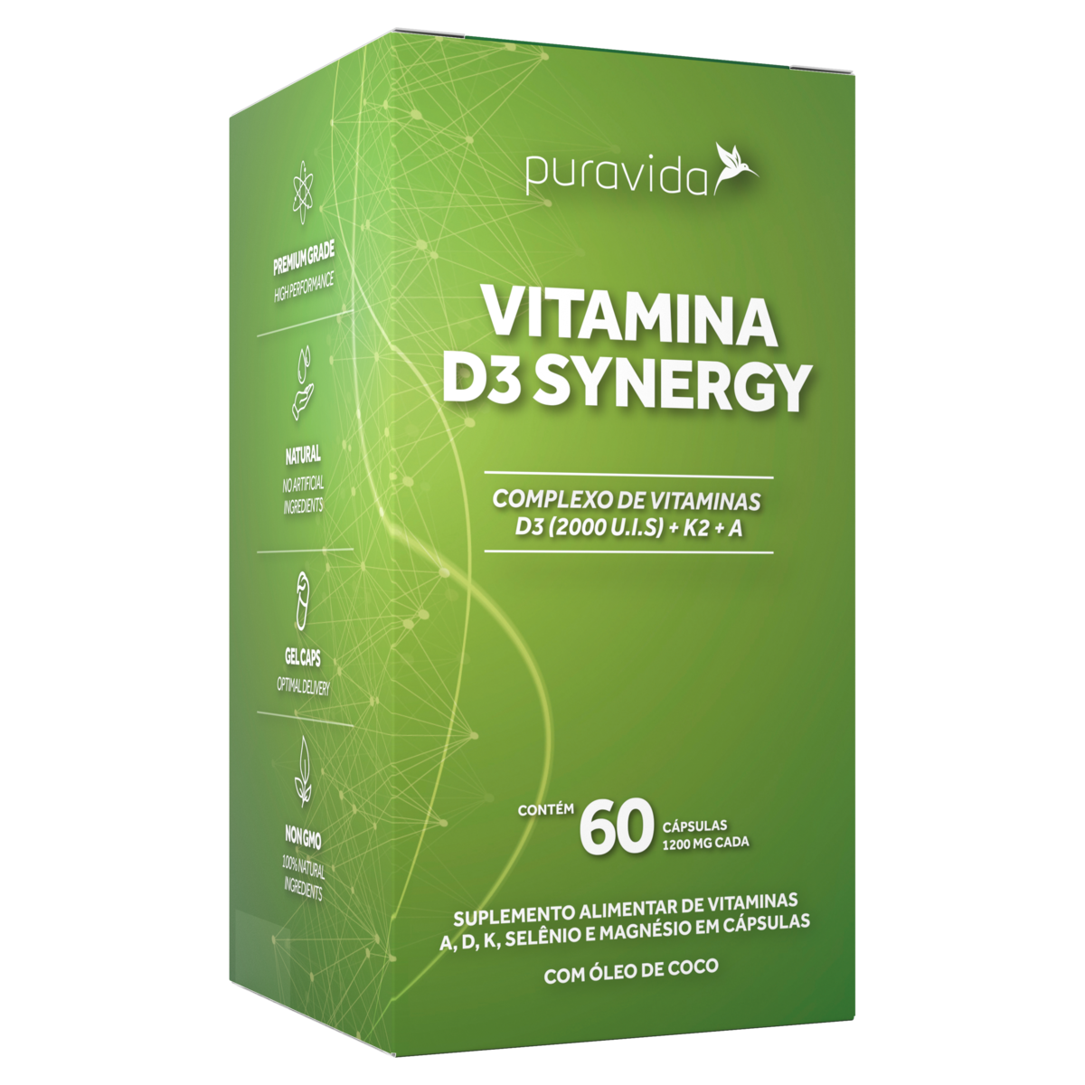 Vitamina D3 Synergy 1200mg Puravida Caixa 99g 60 Cápsulas Gelatinosas