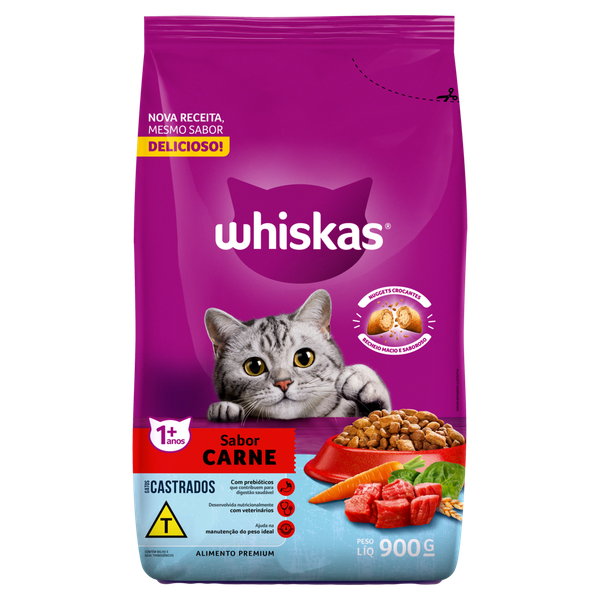 RACAO WHISKAS CARNE GATOS CASTRADOS 900G