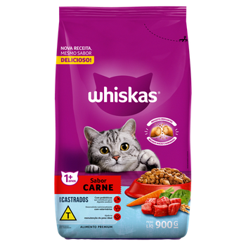 RACAO WHISKAS CARNE GATOS CASTRADOS 900G