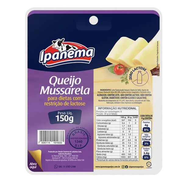 QUEIJO IPANEMA MUSSARELA ZERO LACTOSE 150G