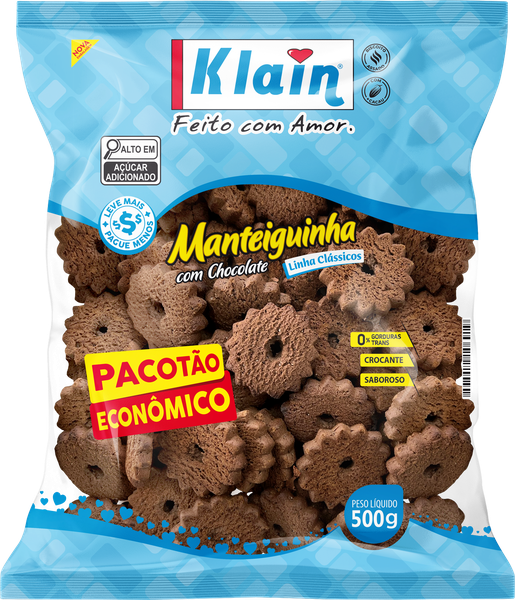 BISCOITO KLAIN MANTEIGUINHA CHOCOLATE PACOTAO ECONOMICO 500G