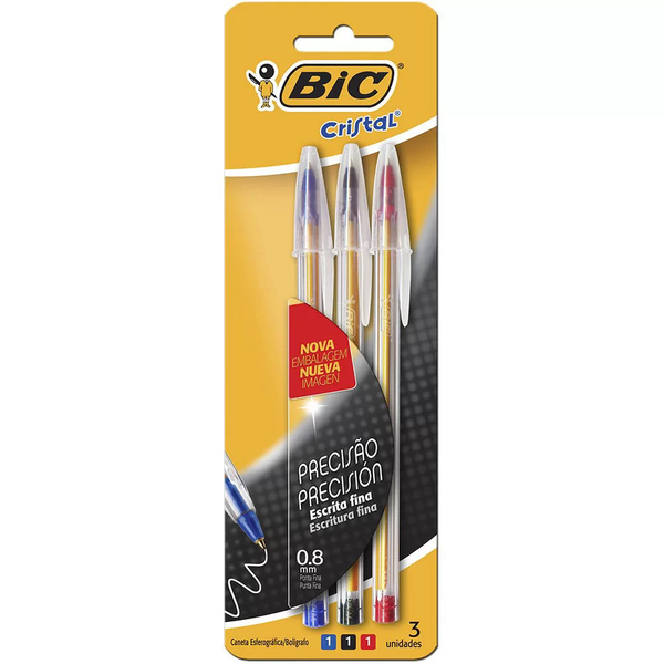 CANETA BIC CRISTAL FINA SORTIDO C/3
