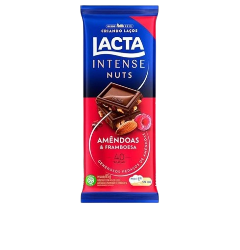CHOCOLATE LACTA INTENSE NUTS AMENDOAS FRAMBOESA 40% 85G