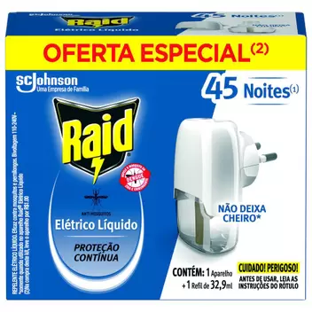 REPELENTE RAID ELETRICO LIQUIDO 45 NOITES APARELHO + REFIL 32,9ML