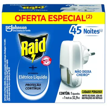 REPELENTE RAID ELETRICO LIQUIDO 45 NOITES APARELHO + REFIL 32,9ML