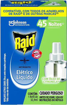 REPELENTE RAID ELETRICO LIQUIDO 45 NOITES CITRONELA REFIL 32,9ML