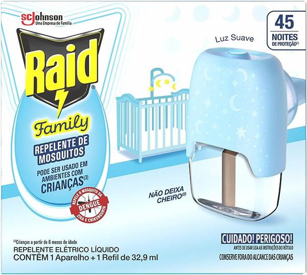 REPELENTE RAID ELETRICO LIQUIDO 45 NOITES FAMILY APARELHO + REFIL 32,9ML