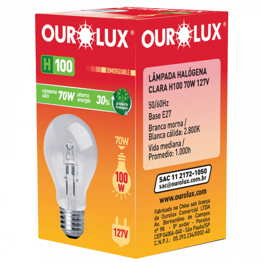 LAMPADA OUROLUX HALOGENA H100 70W 127V REF.02134
