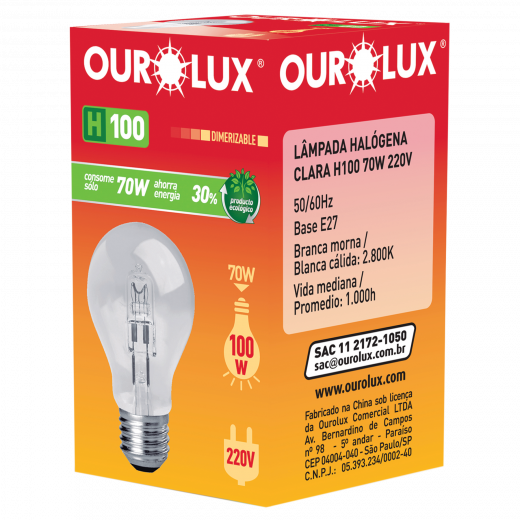 LAMPADA OUROLUX HALOGENA H100 70W 220V REF.02135