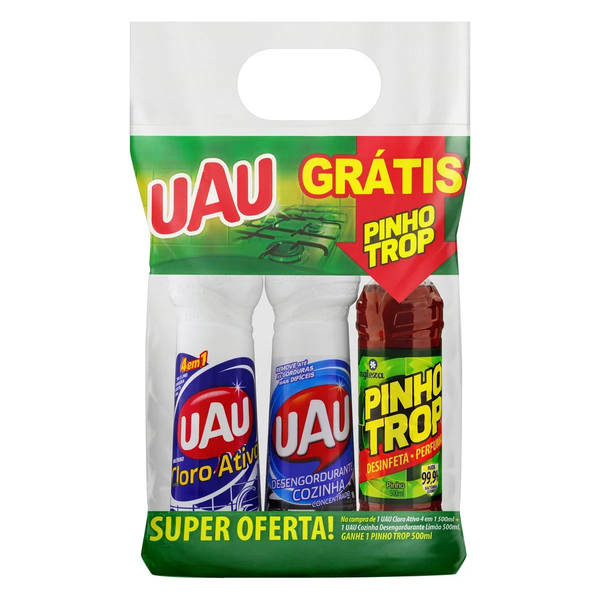 LIMPADOR UAU MULTIUSO CLORO ATIVO 500ML + UAU COZINHA LIMAO 500ML + GRATIS PINHO TROP 500ML