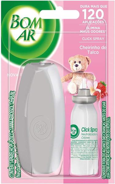 ODORIZADOR AMBIENTE BOM AR CLICK SPRAY APARELHO + REFIL CHEIRINHO DE TALCO 12ML