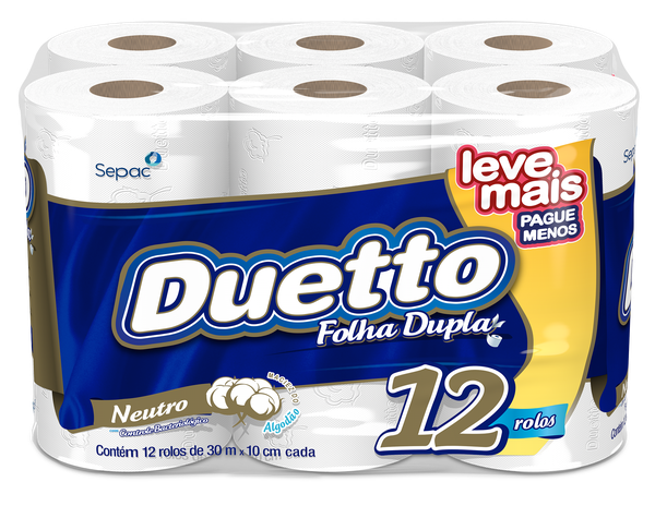 PAPEL HIGIENICO DUETTO FOLHA DUPLA NEUTRO LEVE MAIS PAGUE MENOS 30MT C/12