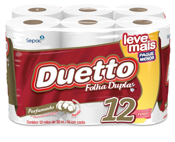 PAPEL HIGIENICO DUETTO FOLHA DUPLA PERFUMADO LEVE MAIS PAGUE MENOS 30MT C/12