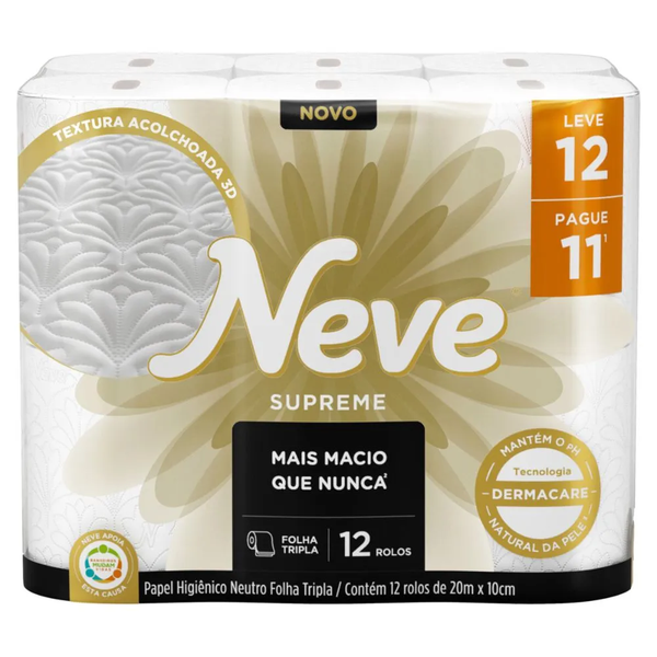 PAPEL HIGIENICO NEVE SUPREME NEUTRO FOLHA TRIPLA LEVE 12 PAGUE 11 20M