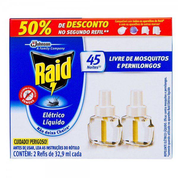 REPELENTE RAID ELETRICO LIQUIDO 32,9ML 50% DE DESCONTO NO SEGUNDO REFIL