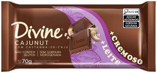 Barra de Chocolate Ao Leite C/ Castanha de Caju Mais Cremoso Divine 70g