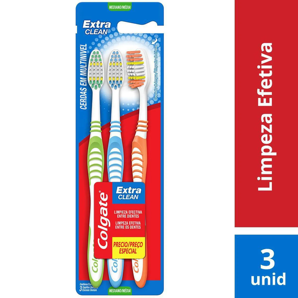 Escova de Dente Colgate Extra Clean Média  3 unidades