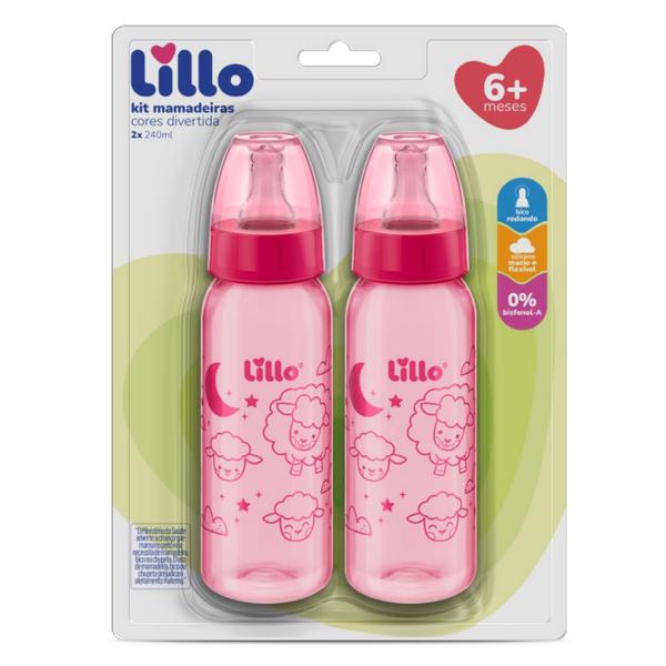 Kit 2 Mamadeiras Bico Reto Lillo Cores Divertidas na Cor Rosa