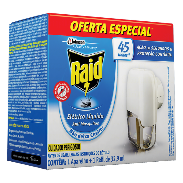 Repelente Elétrico Líquido Raid 45 Noites Aparelho e Refil de 32,9ml