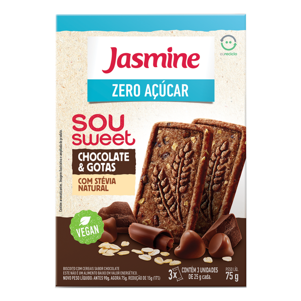 BISCOITO JASMINE SOU SWEET CHOCOLATE GOTAS ZERO ACUCAR 75G