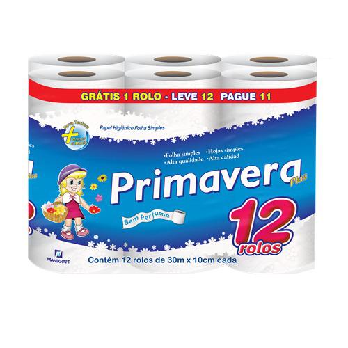 PAPEL HIGIENICO PRIMAVERA FOLHA SIMPLES PLUS C/12 60MTS 