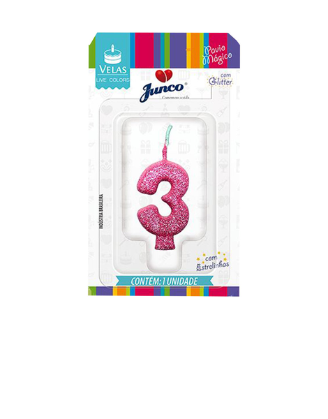 VELA JUNCO ANIVERSARIO LIVE C/GLITER ROSA BEBE N3