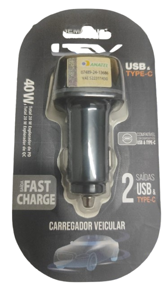 CARREGADOR VEICULAR 2 SAIDAS USB E TYPE-C SMARTLEV
