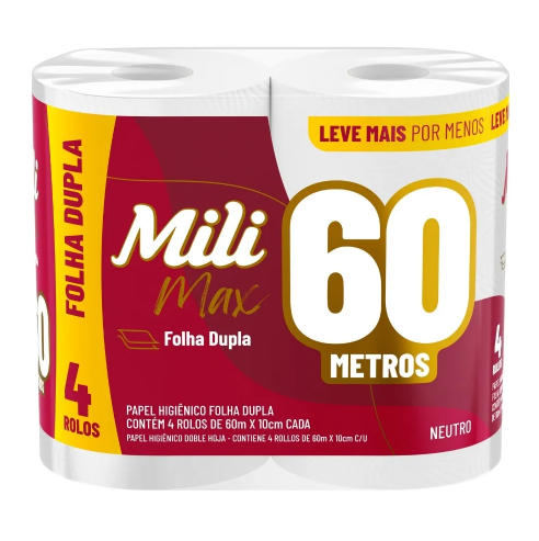 PAPEL HIGIENICO MILI MAX NEUTRO FOLHA DUPLA COM/4 60 METROS