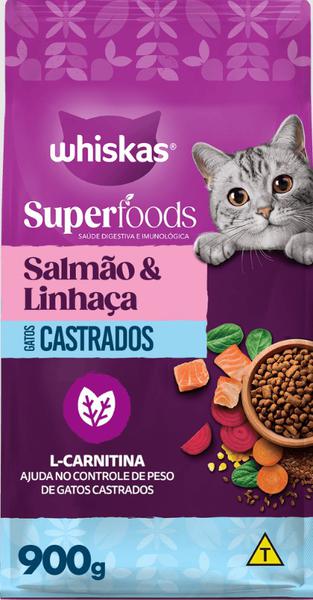 ALIMENTO PARA GATOS WHISKAS SUPERFOODS ADULTOS CASTRADOS SALMÃO & LINHAÇA 900G