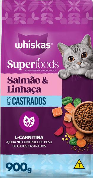ALIMENTO PARA GATOS WHISKAS SUPERFOODS CASTRADO SALMÃO & LINHAÇA 900G