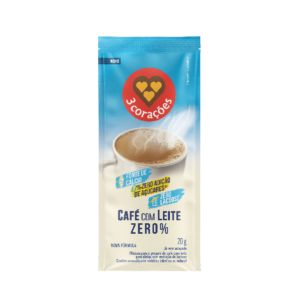 CAFÉ C/LEITE 3 CORAÇÕES ZERO LACTOSE SACHÊ 20G