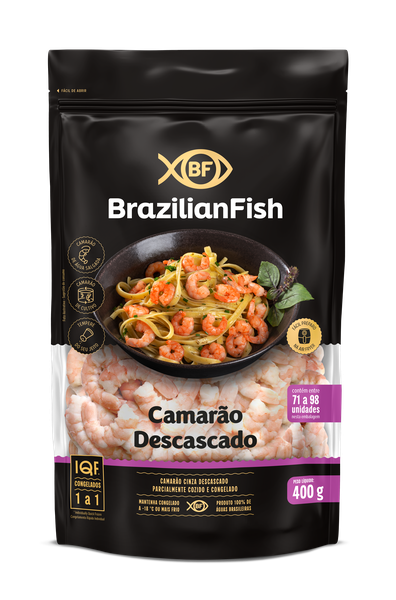 CAMARÃO CINZA DESCASCADO COZIDO BRAZILIAN FISH CONGELADO 71 A 98 PEÇAS 400G