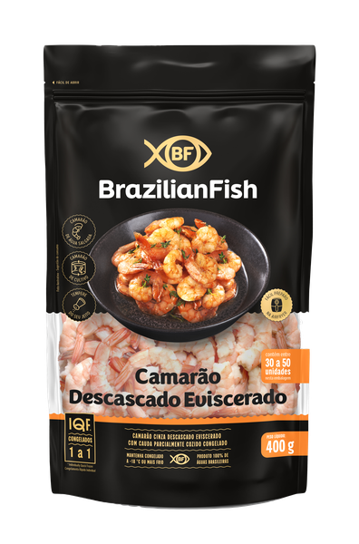 CAMARÃO DESCASCADO EVISCERADO BRAZILIAN FISH CONGELADO 30 A 50 PÇS 400G