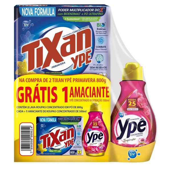 KIT SABÃO EM PÓ TIXAN YPÊ PRIMAVERA 800G 2 UNIDADES + GRÁTIS AMACIANTE CONCENTRADO YPÊ 500ML