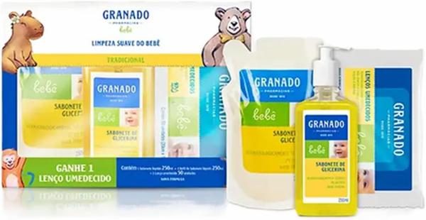 KIT BEBÊ SABONETE LIQUÍDO 250ML+1REFIL+LENÇO UMIDECIDO GRANADO TRADICIONAL