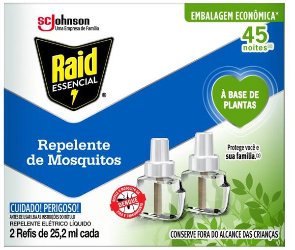 REPELENTE ELÉTRICO RAID À BASE DE PLANTAS 45 NOITES COM 2 REFIS DE 25,2ML CADA