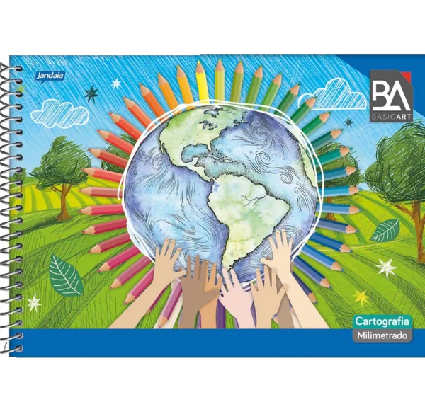 Caderno Espiral Jandaia Capa Dura Cartografia Mil Basic Art 96 folhas