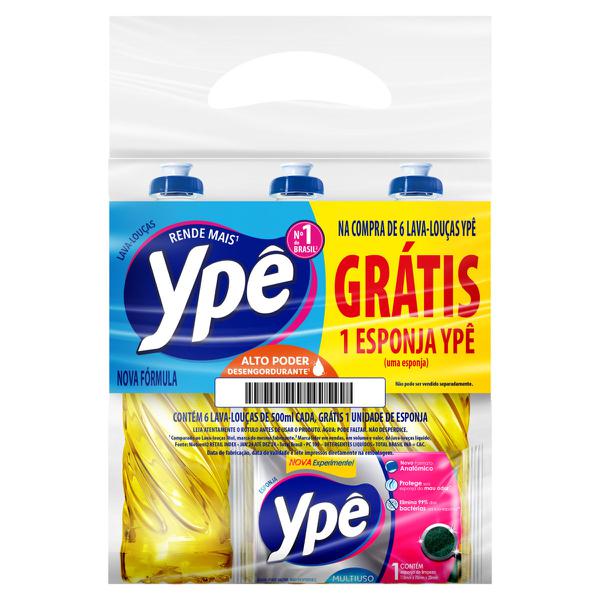 Detergente Líquido Ypê 500ml C/6 Grátis Esponja
