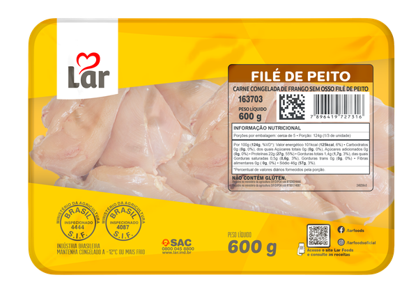 Filé de Peito Lar Bandeja Congelado 600g