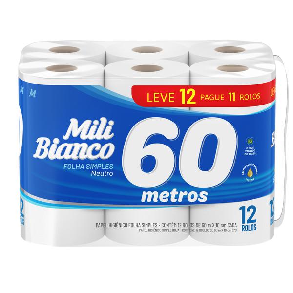 Papel Higiênico Mili Bianco 60m C/12 Simples