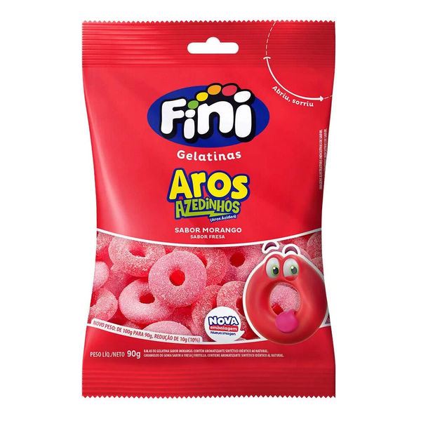 Balas de Gelatina Fini Aros Azedinhos Sabor Morango 90g