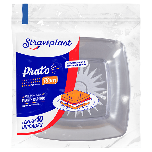 Prato Quadrado Strawplast Cristal 18cm 10un